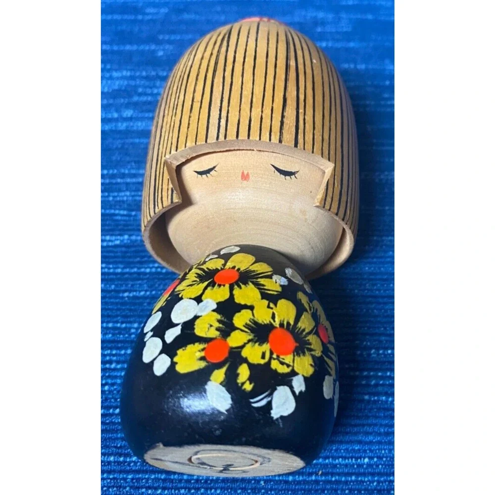 Kokeshi Japanese Wooden Handmade Doll Vintage Hand Painted Yellow Floral 5” 998A
